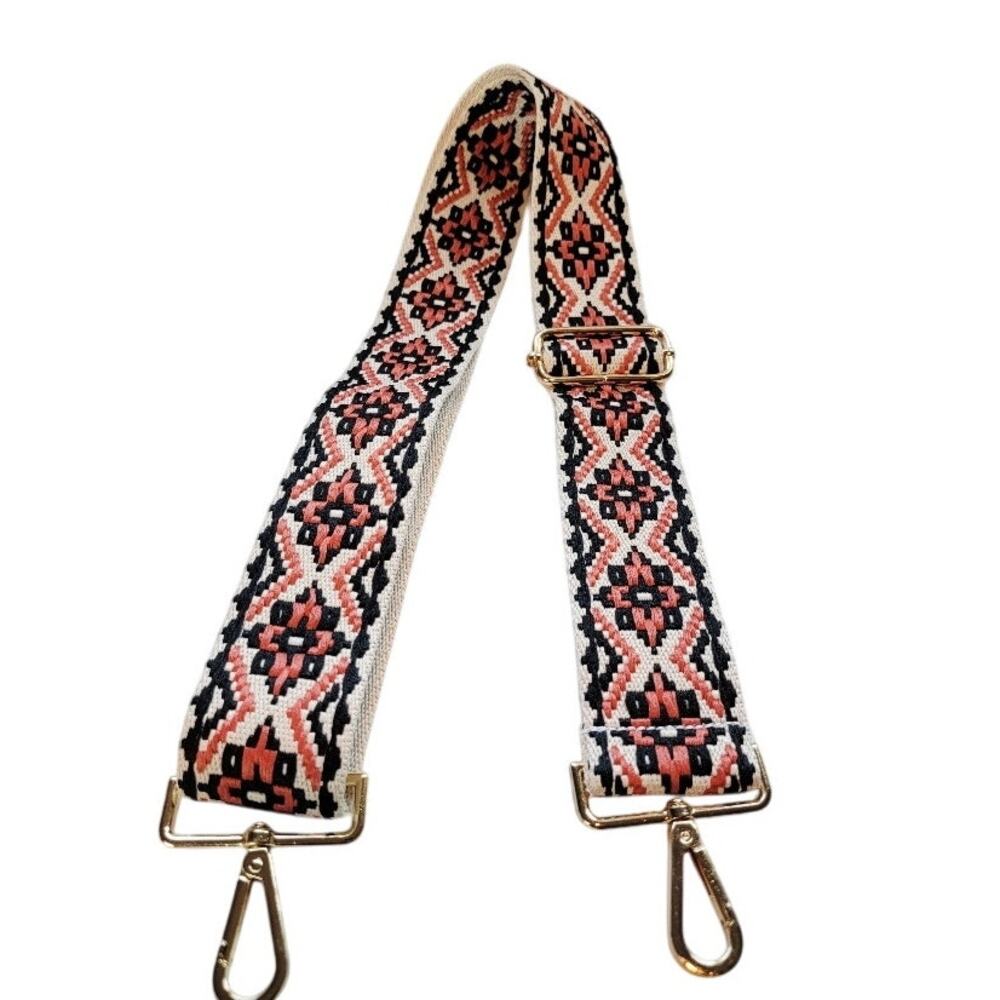 Adjustable Purse Strap Crossbody Boho Aztec Embroidered Coral Black‎
